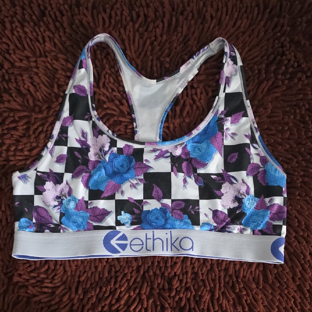 Ethika Women's Checkered Floral Sports Bra - Blue and Purple